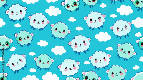 A cute and whimsical patterned image featuring fluffy, cartoon-style sheep with big, bright eyes and rosy cheeks against a blue background