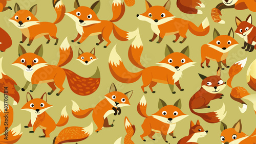 Seamless pattern of cartoon foxes in various playful poses, with bushy tails and expressive faces, set against a light green background.