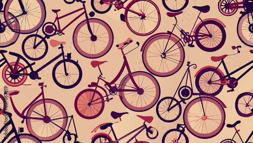 Seamless pattern featuring various vintage bicycles with red and black outlines on a beige background. The bicycles are arranged in different orientations, creating a dynamic and playful design.