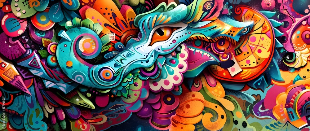 Vibrant and Dynamic of Colorful Urban Graffiti Wall Art with Intricate Patterns Calligraphy and Vivid Wildlife Imagery Vibrant and Dynamic of Colorful Urban Graffiti Wall Art with Intricate Patterns Calligraphy and Vivid Wildlife Imagery
