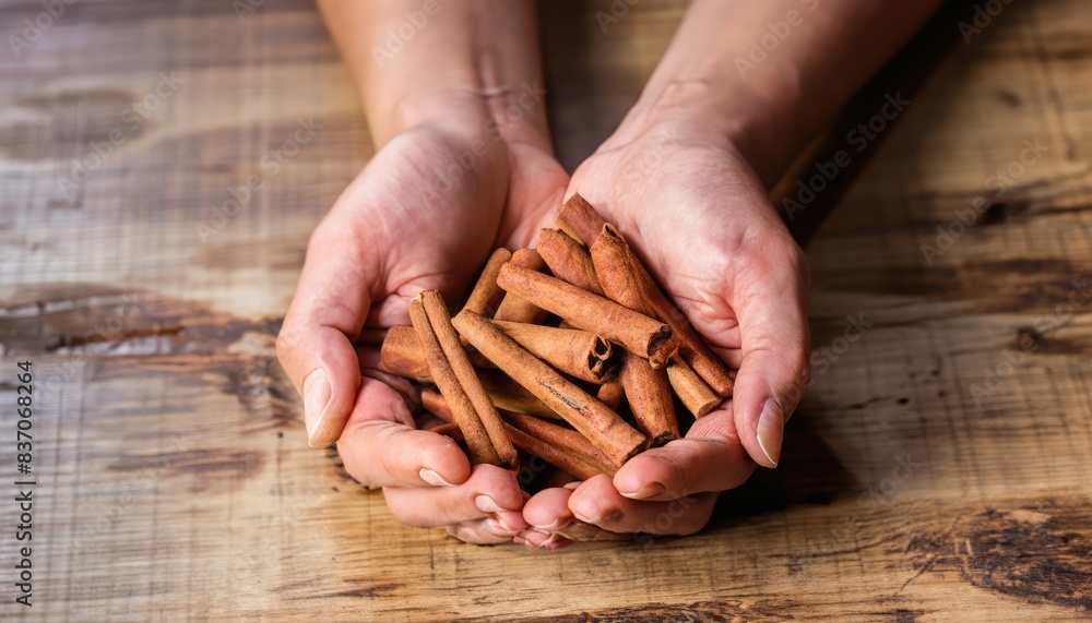 hands with handful of cinnamon hands with handful of cinnamon