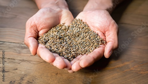 hands with handful of carom seeds