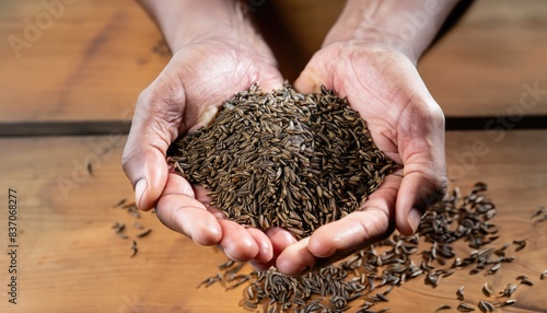 hands with handful of caraway seeds photo