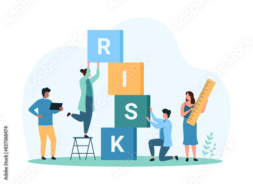 Financial risk analysis, investment and business safety control. Tiny people measure high tower of cubes with Risk word to assess probability of crisis and invest money cartoon vector illustration