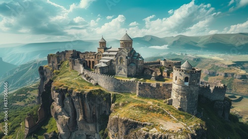 Historic Tatev Monastery in Armenia with cliffside views photo