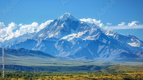 Scenic Mount Belukha in the Altai Mountains with snow-capped peaks, pristine landscapes, and clear blue skies photo