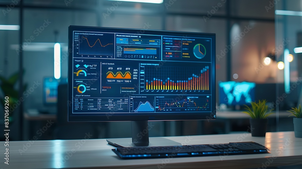 A computer monitor equipped with an abstract network monitoring dashboard displays technology and data analysis with a photograph, providing vivid graphs and real-time data analysis. A computer monitor equipped with an abstract network monitoring dashboard displays technology and data analysis with a photograph, providing vivid graphs and real-time data analysis.