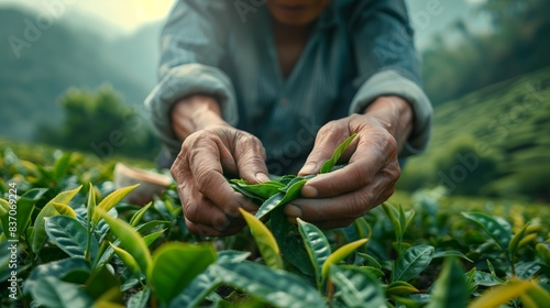 Close up hands of Chinese traditional farmer picking tea leaves from tea gardens. Man hands picking green tea leaves with defocused blue mountain, sky and white cloud background.