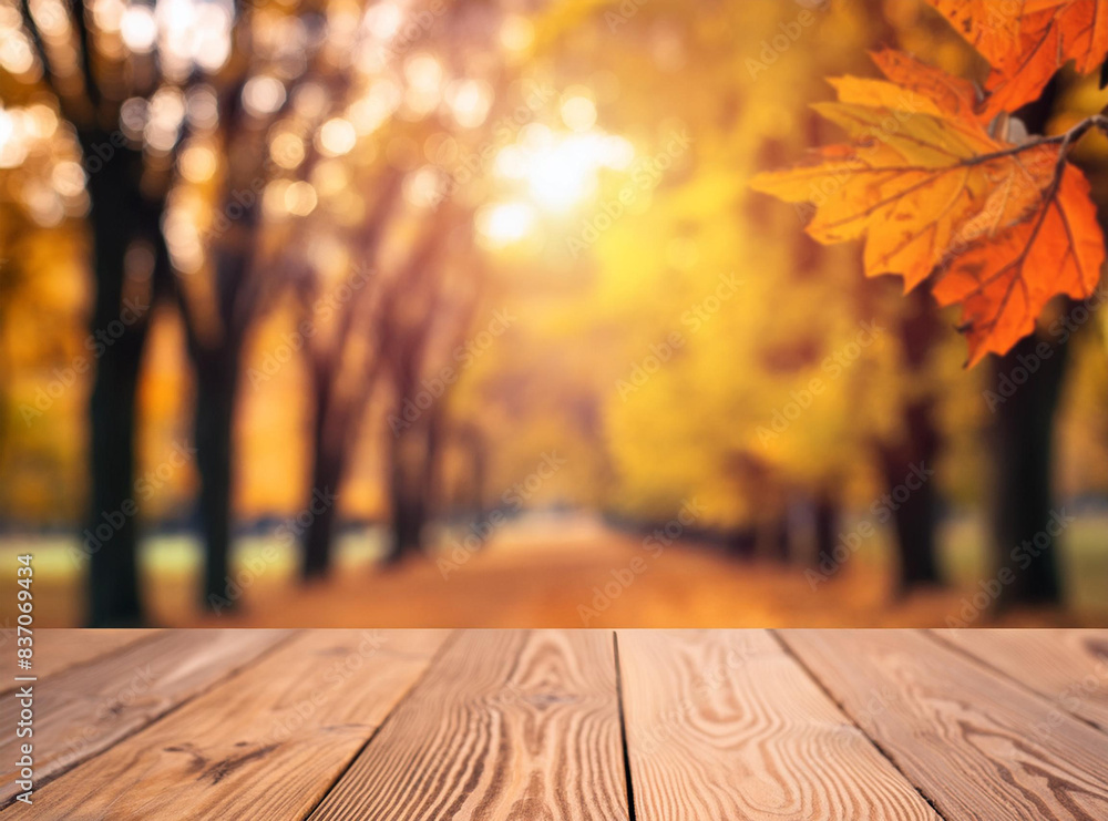The empty wooden table top with blur background of autumn. Exuberant image. The empty wooden table top with blur background of autumn. Exuberant image.