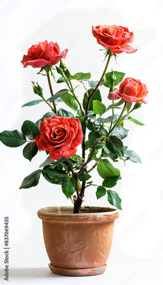 Indoor flowers roses in a clay pot on a white background