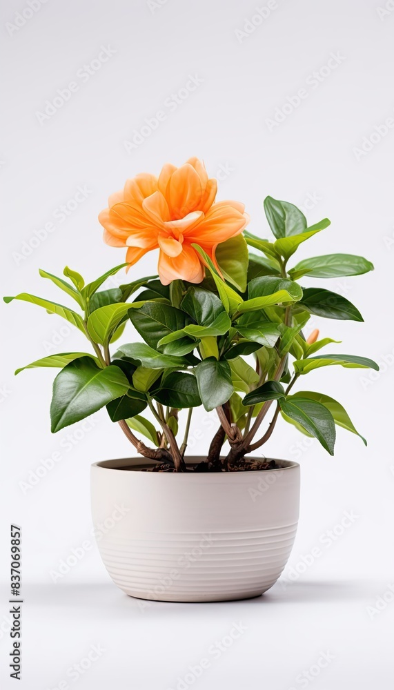 Indoor flowers in a clay pot on a white background Indoor flowers in a clay pot on a white background