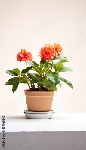 Indoor flowers roses in a clay pot on a white background