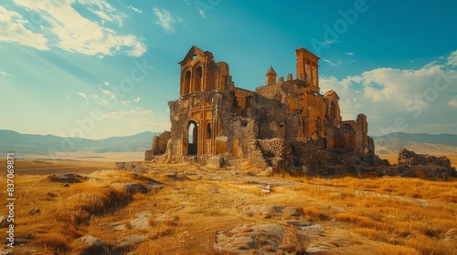 Ruins of the ancient city of Ani in Turkey with historical buildings