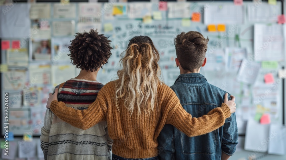 Fototapeta premium Three people with arms around each other facing project board with sticky notes