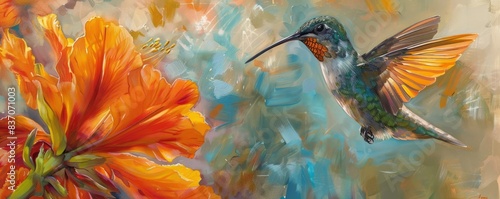 A colorful hummingbird hovering near an orange flower, its iridescent wings shimmering in the sunlight.