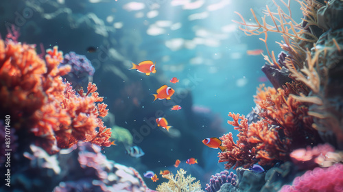 An underwater closeup of a coral reef teeming with small fish in the background, designed in a 3D realistic graphic style.The vivid detail. AI generative.