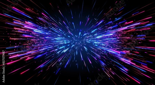 blue and purple neon lights in the shape of an explosion, with stripes © Aleksandr