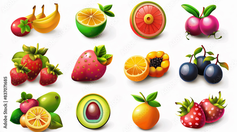 Asset of fruit for mobile game, slot game isolation on white background, Illustration. Asset of fruit for mobile game, slot game isolation on white background, Illustration.