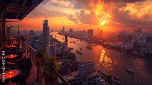 Breathtaking view of ChaoPrayaRiver in Bangkok, Thailand from a rooftopbar with warmtone colors at sunset. The skyline, river, and buildings create a stunning urban scene captured by AI generative. photo