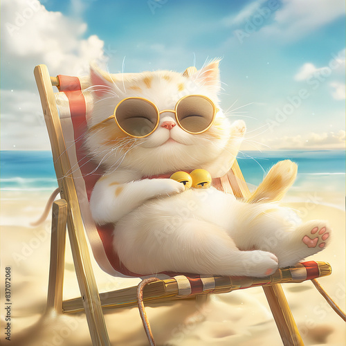 A cat wearing sunglasses is lying on a lounge chair on the beach and enjoying itself. In the background, you can see the beach and the sea. photo