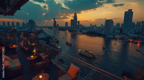 Mesmerizing ChaoPrayaRiver scene in Bangkok, Thailand from a rooftopbar with warmtone ambiance at nightfall. The skyline, river, and towering buildings glow softly, an AI generative creation. photo