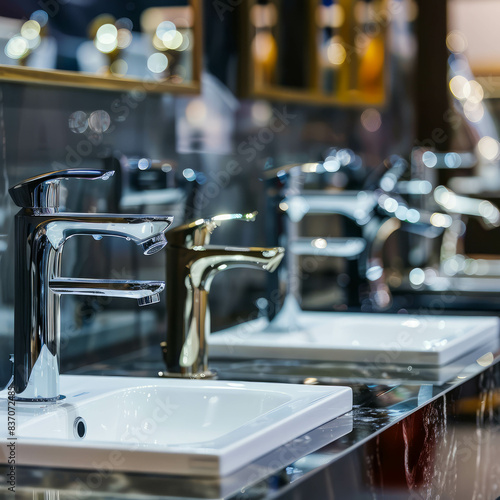 Retail store counter showcasing different types and shapes of water taps. The sanitaryware collection includes various designs and fixtures in the foreground, crafted using AI generative. photo