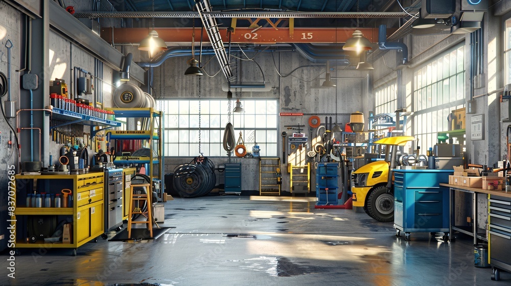 Warehouse workers operate a forklift to move metal equipment in a busy industrial facility Warehouse workers operate a forklift to move metal equipment in a busy industrial facility