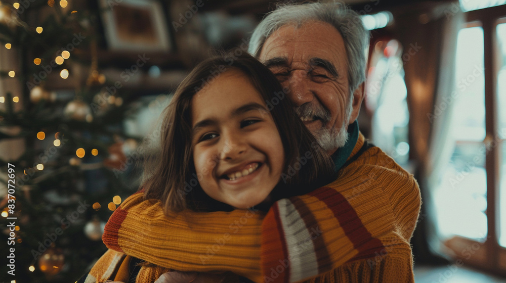 Cheerful beautiful adult daughter child hugs elder grey hair dad from behind with love, affection, gratitude, visiting parent at home, looking at camera, smiling, laughing. Family portrait Cheerful beautiful adult daughter child hugs elder grey hair dad from behind with love, affection, gratitude, visiting parent at home, looking at camera, smiling, laughing. Family portrait