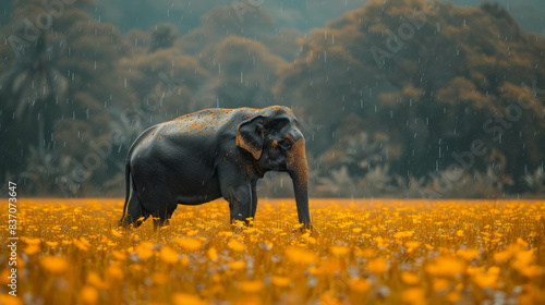 Indianelephant in the rain within a panoramic Kerala paddyfield. The wildlife photo showcases immersive hues and natural beauty, creating a picturesque scene with AI generative. photo
