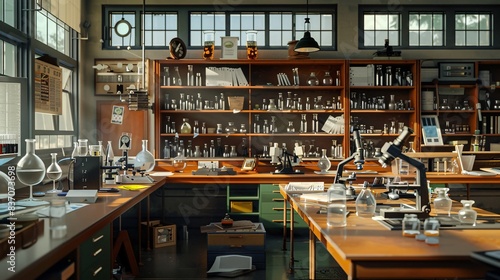 Modern Science Lab with Workbenches, Microscopes, and Glassware Shelves for Research and Experiments © วิวัฒน์ อภิสิทธิ์ภิญ