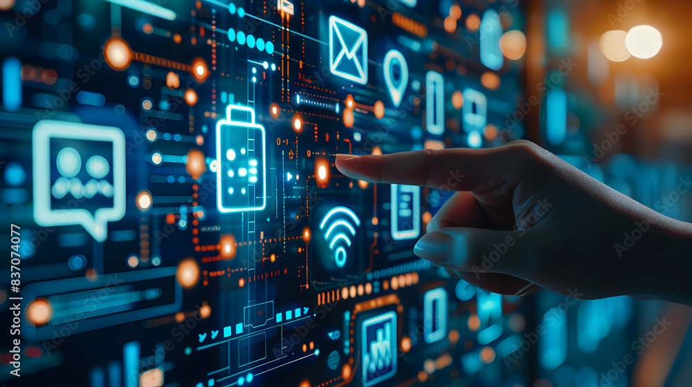 Close-up of a hand interacting with digital interface, depicting futuristic technology and data communication concepts. Close-up of a hand interacting with digital interface, depicting futuristic technology and data communication concepts.