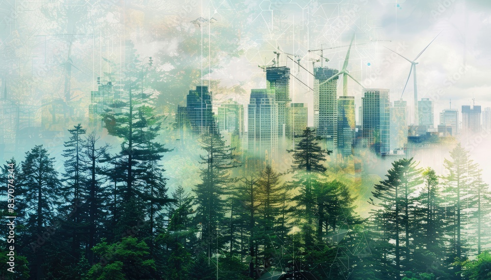 Harmony of Nature and Technology: Double Exposure of Thriving Forest Blending with Sustainable City Powered by Wind and Solar Energy Harmony of Nature and Technology: Double Exposure of Thriving Forest Blending with Sustainable City Powered by Wind and Solar Energy