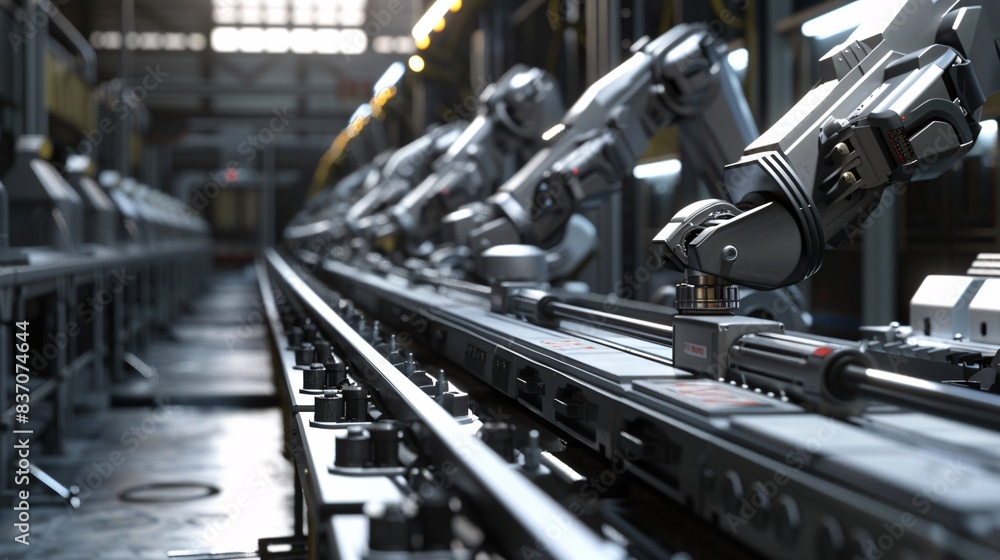 Modern Manufacturing Line with Robotic Arms and Conveyor Belts for Seamless Assembly Process Modern Manufacturing Line with Robotic Arms and Conveyor Belts for Seamless Assembly Process