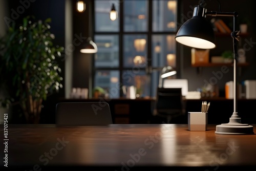 close-up image, Modern stylish dark workspace tabletop with table lamp, decor and copy space for display your product mockup over blurred modern dark office background. generative ai. photo