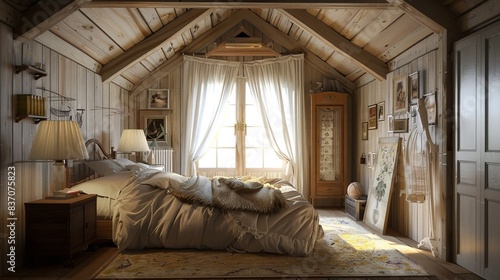 cozy, rustic bedroom in Provence style with wooden walls and ceiling beams, adorned with vintage furniture and decor. room is filled with natural light from large window, creating warm atmosphere