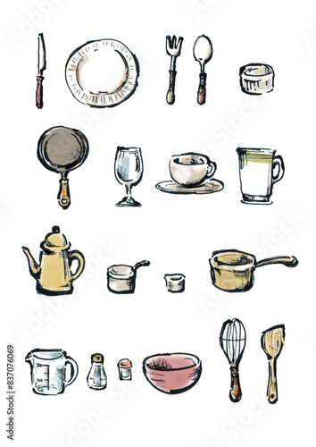 食器、キッチン用品、調理器具手書きイラスト