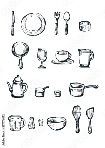 食器、キッチン用品、調理器具手書きイラスト　モノクロ