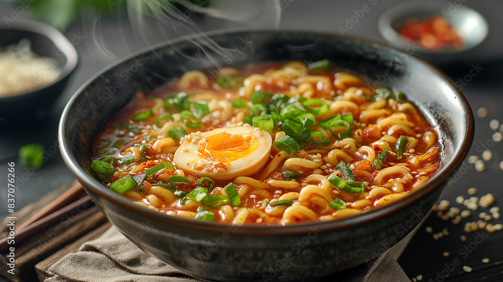 A steaming bowl of ramen noodles with vegetables and a boiled egg. A steaming bowl of ramen noodles with vegetables and a boiled egg.