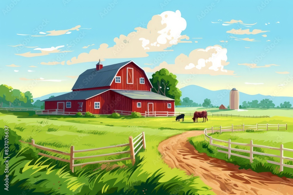 vector illustration style,Charming farmhouse with a red barn, lush green fields, vivid colors captured in high detail, isolated on white background vector illustration style,Charming farmhouse with a red barn, lush green fields, vivid colors captured in high detail, isolated on white background