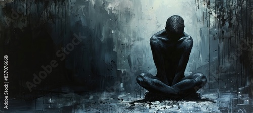 Silhouette of malnutrition person on dark room. Depressed trauma mental health. Generative AI technology.	
 photo