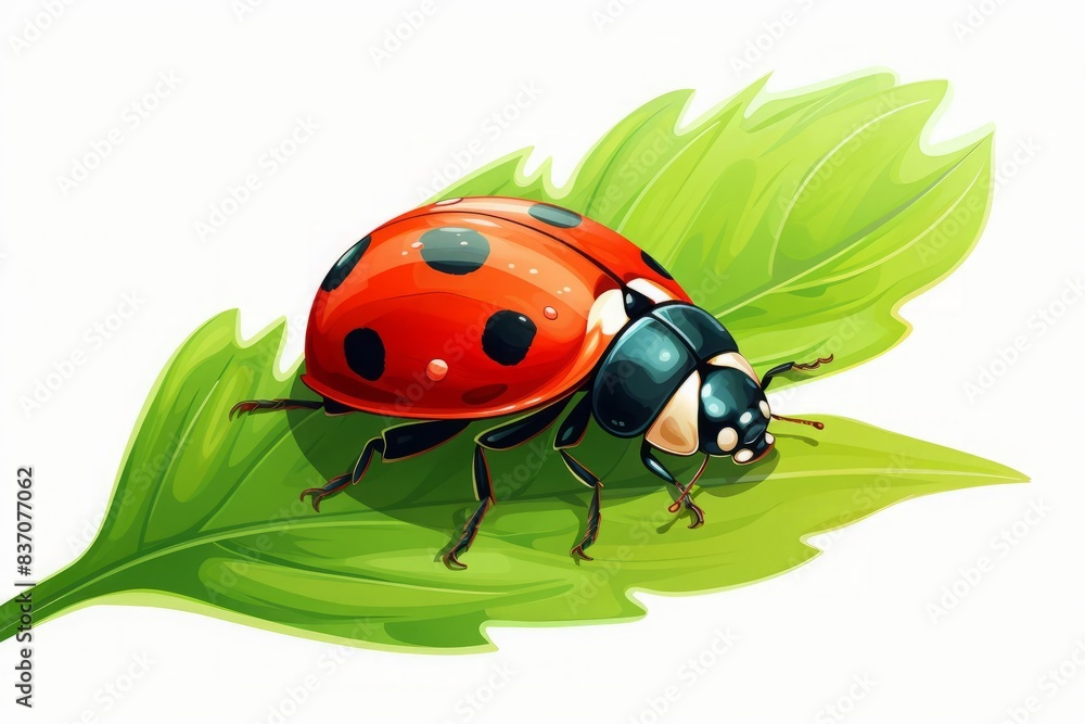 vector illustration style,Lovely ladybug on a leaf, playful eyes, vivid red and green hues captured in high detail, isolated on white background vector illustration style,Lovely ladybug on a leaf, playful eyes, vivid red and green hues captured in high detail, isolated on white background