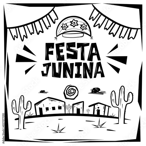 Festa Junina, letreiro com chapéu, casas e cactos, ilustração em estilo cordel e xilogravura