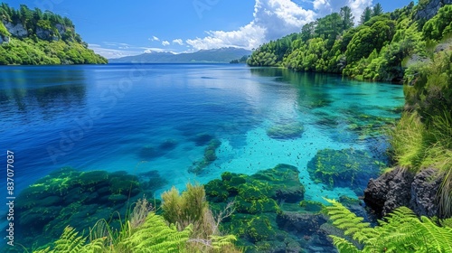 Beautiful Lake Taupo in New Zealand with clear blue waters, volcanic craters, and lush greenery © mogamju