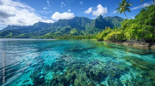 Scenic Moorea Island in French Polynesia with volcanic peaks