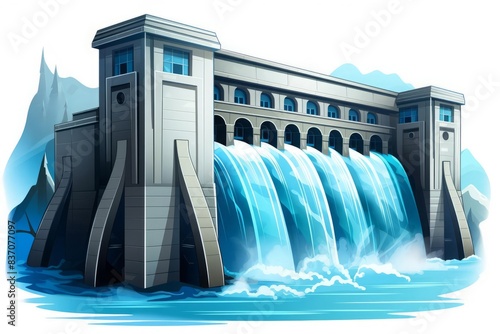 vector illustration style,Lovely hydroelectric dam with a happy face, water flowing energetically, vivid colors captured in high detail, isolated on white background photo