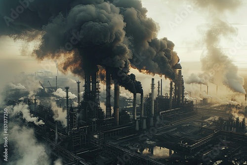 Close-Up Image of Towering Factory Smokestacks Belching Thick Black Smoke: Symbolizing the Environmental Toll of Industrial Production photo