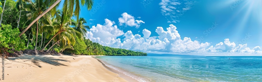 Panoramic Tropical Beach with Palm Trees and Blue Sea Panoramic Tropical Beach with Palm Trees and Blue Sea