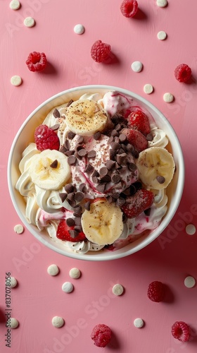 A bowl of ice cream with whipped cream, bananas, strawberries, chocolate chips and raspberries on a pink background.