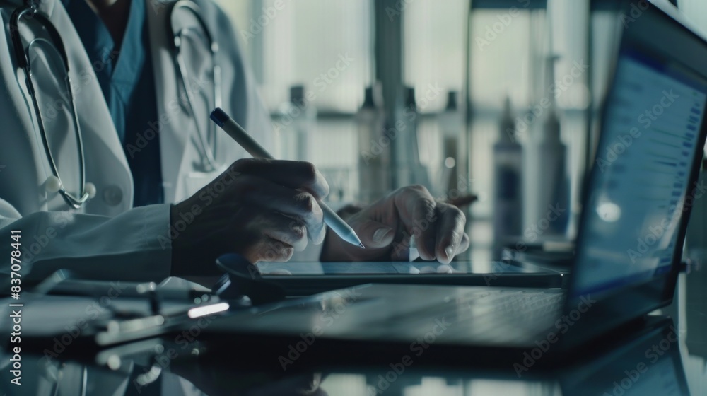 At the doctor's office, a doctor is seen using a stylus pen to work on a digital tablet and laptop computer, recording the patient's illness. At the doctor's office, a doctor is seen using a stylus pen to work on a digital tablet and laptop computer, recording the patient's illness.