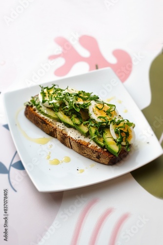 Tartine petit déjeuner sain healthy avocat oeuf salade huile d'olive sur fond clair coloré pastelles